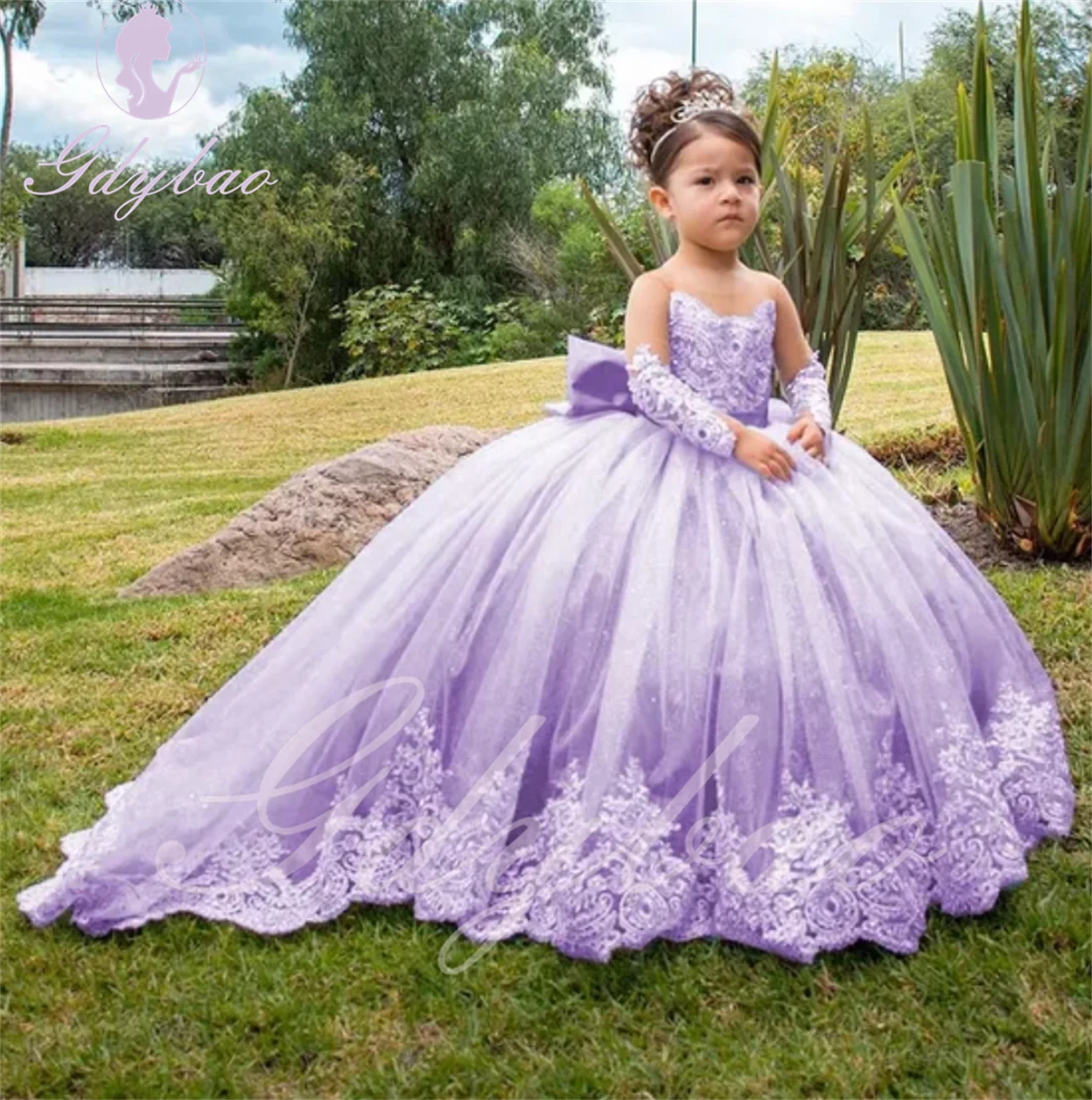 Flower Girl Dresses Floral Applique Dress Pink Tulle Flower Girl Dress Wedding Full Sleeves Puffy Applique Floor Length Princess Kids Birthday First Communion Gown
