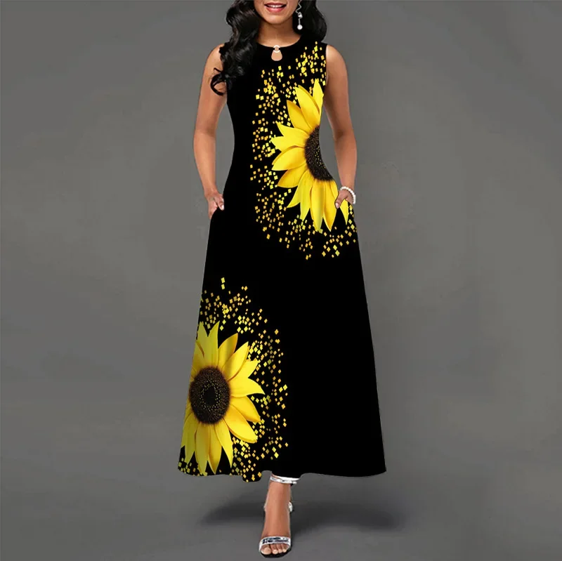 thumbnail image 1 of Vestido largo informal sin mangas con estampado de flores para mujer, cuello en V, estilo bohemio retro, 1 of 5