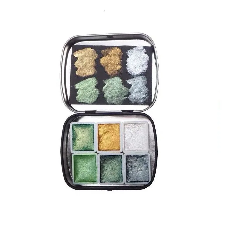 POEZIE 6 Colors Solid Metallic Watercolor Paint Set 2ml Glitter Water Color With Tin Box For Painting Aquarela Art Supplies