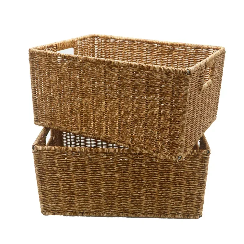 Hand-Woven Rectangular Rattan imitation Basket Fruit Tea Snack Bread Picnic Cosmetic Storage Box Kitchen Household Tools