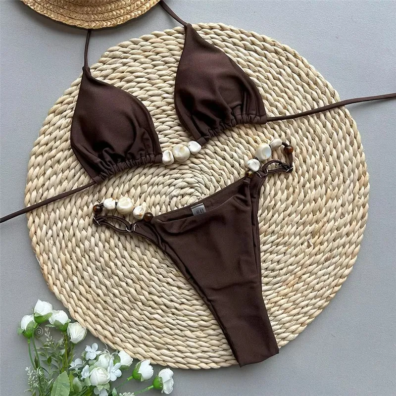 Solid Green Swimwears Sexy Halter Triangle Bead String