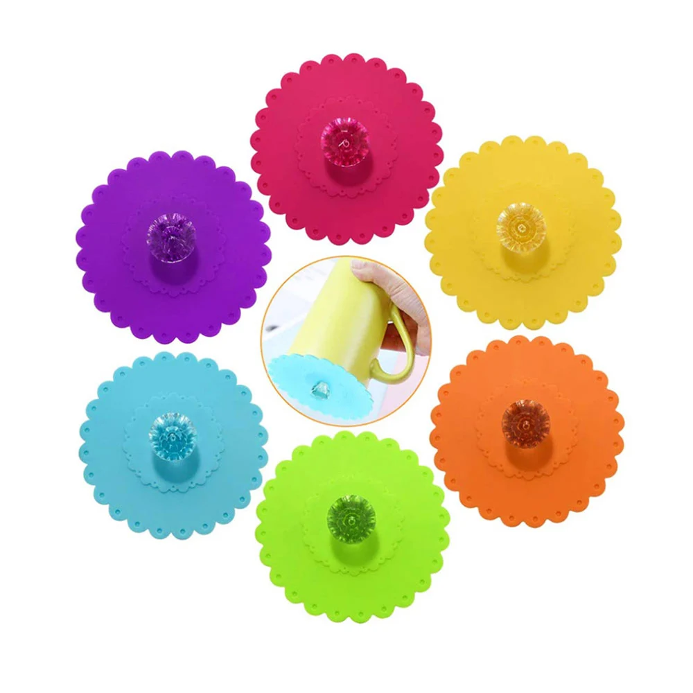 Silicone 6Pcs 11CM Transparent Diamond With Flower Pattern Cup Lids Dust-Proof Silicone Mug Cover Bright Color Drink Cup Lid