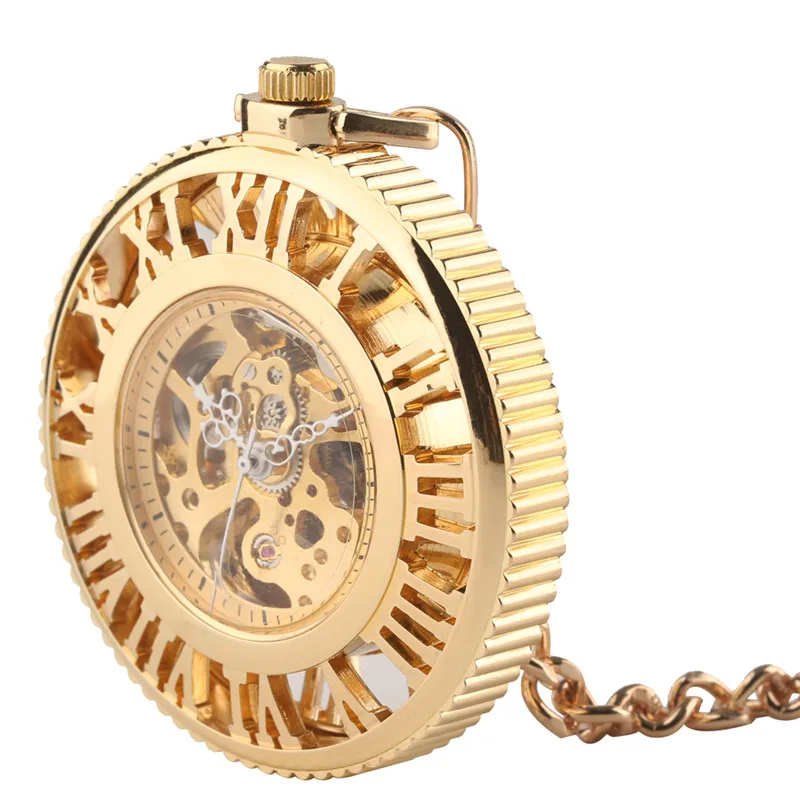 Steampunk Golden Hollow Automatic Mechanical Pocket Watch for Women Men Hollow Roman Number Dial Clock Pendant Necklace Chain