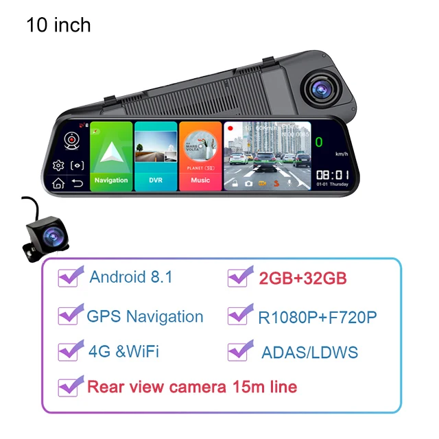 10 Inch Mirror 4G Dash Cam Car DVR Android 8.1 Dash Camera GPS Navigation Car Camera Auto Recorder ADAS Support 1080P Rear Camer gps navigation for car Vehicle GPS Systems