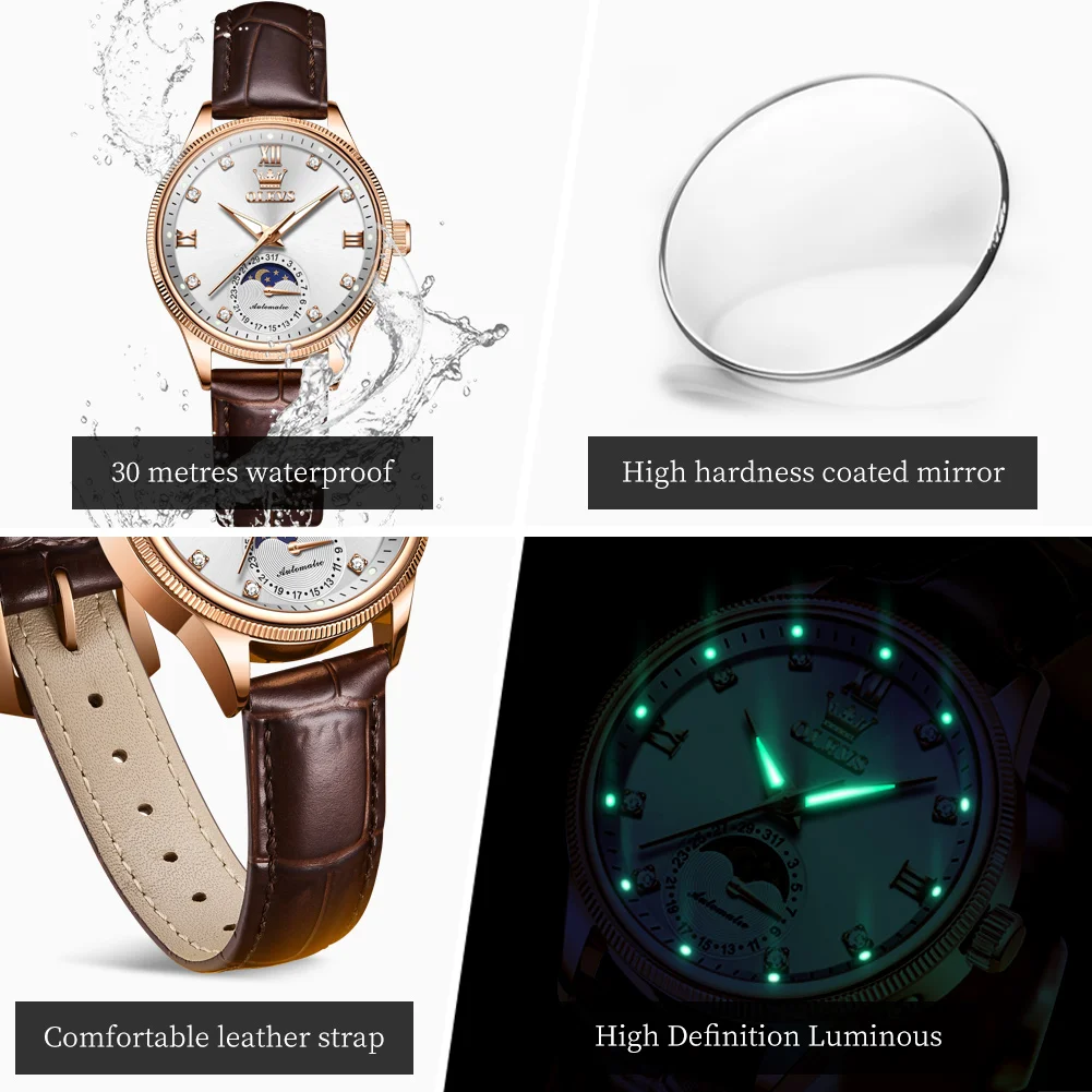 OLEVS 7039 Automatic Watch For Men Women Moon Phase Mechanical Couple Watches Diamond Scale Waterproof Luminous Date Wristwatch