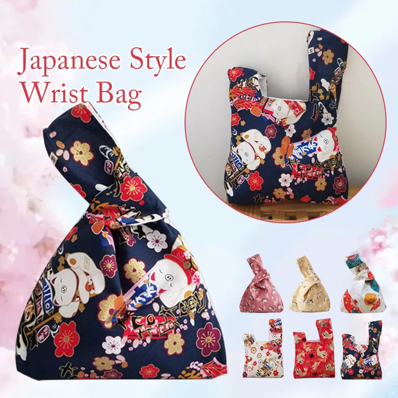

Women Retro Art Wrist Bag Knot Handbag Crane Printed Japan Style Sea Wave Pattern Little Pouch Coin Purse Phone Keys Bags