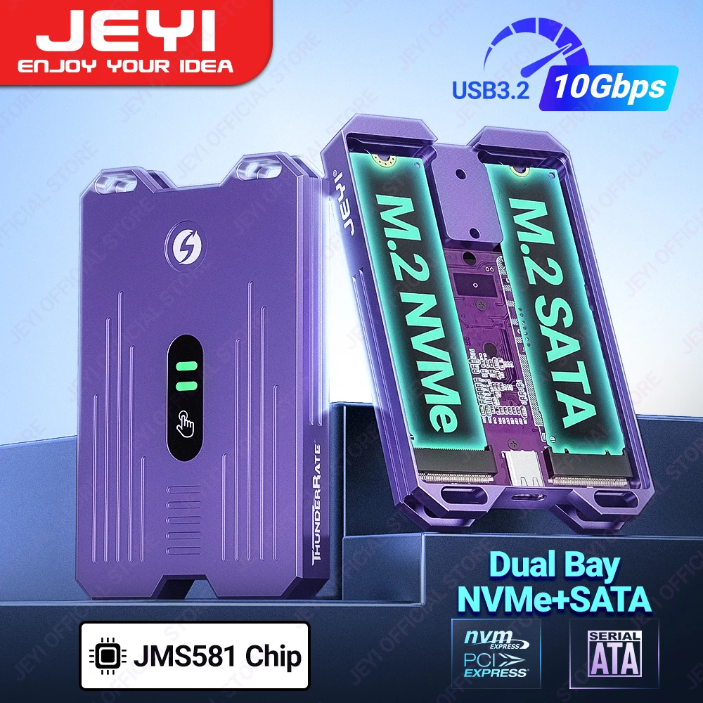 JEYI Dual Protocols SSD Enclosure (NVMe + SATA) JMS581 Chip USB 3.1 Gen2 10G Dual Bay M.2 NVMe NGFF Smart Touch Enclosure Case ssd enclosure