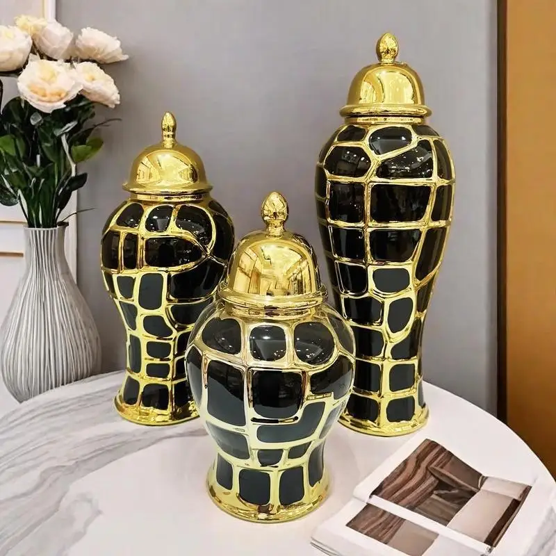 Black Plaid Can Ceramic Checkmate Jar Flower Vase Sealed Storage Tank Ginger Jar Chinese Porcelain Handicrafts Home Decoration 5