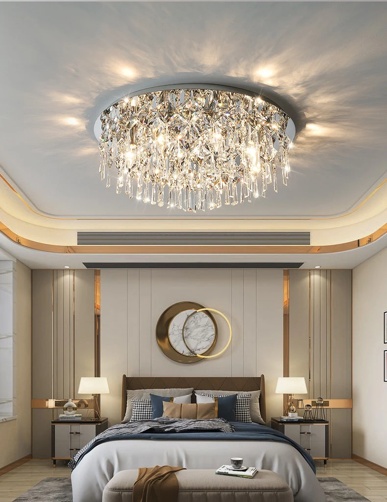 Luxury Modern Bedroom K9 Crystals E14 Ceiling Lamp Chrome Steel Led Ceiling Lights Art Deco Indoor Lighting Fixtures Lamp