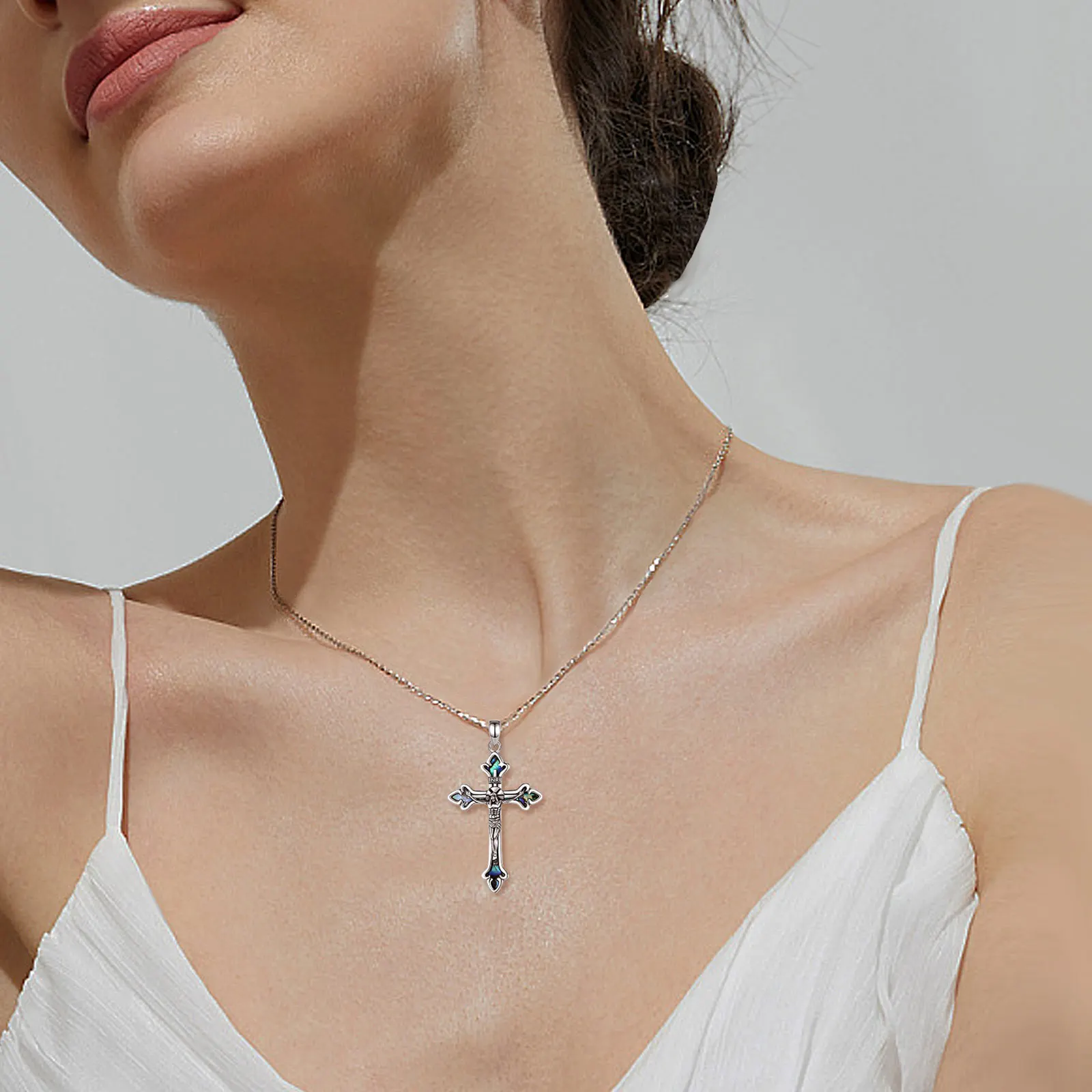Abalone Jesus Silver Cross Unisex Necklace - Image 6