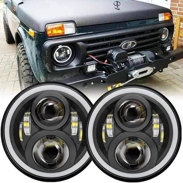 7-Zoll-LED-Scheinwerfer H4 Hi-lo mit Halo Angel Eyes für Lada 4x4 Urban  Niva Jeep Jk Land Rover Defender Hummer