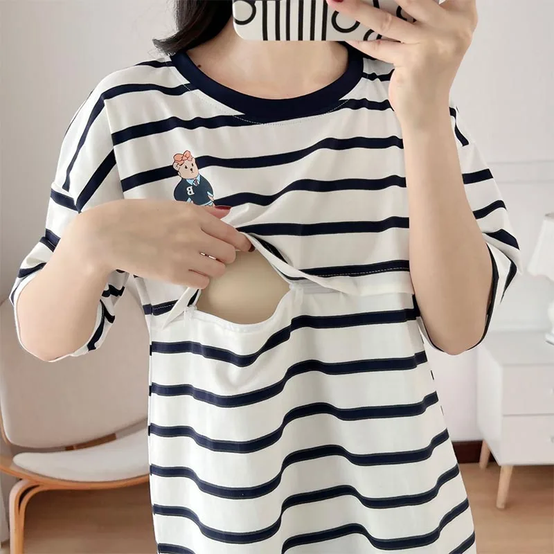 2024 Summer Maternity T Shirt Casual Breastfeeding Clothes Nursing Horizontal Zipper Lactation Top Soft Cotton Plus Size L-3XL 2