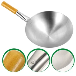 Chinese Wok Pan Round Bottom Wok Everyday Wok Stainless Steel Saute Pan Stainless Steel Wok Wooden Handle Chinese Fry Pan