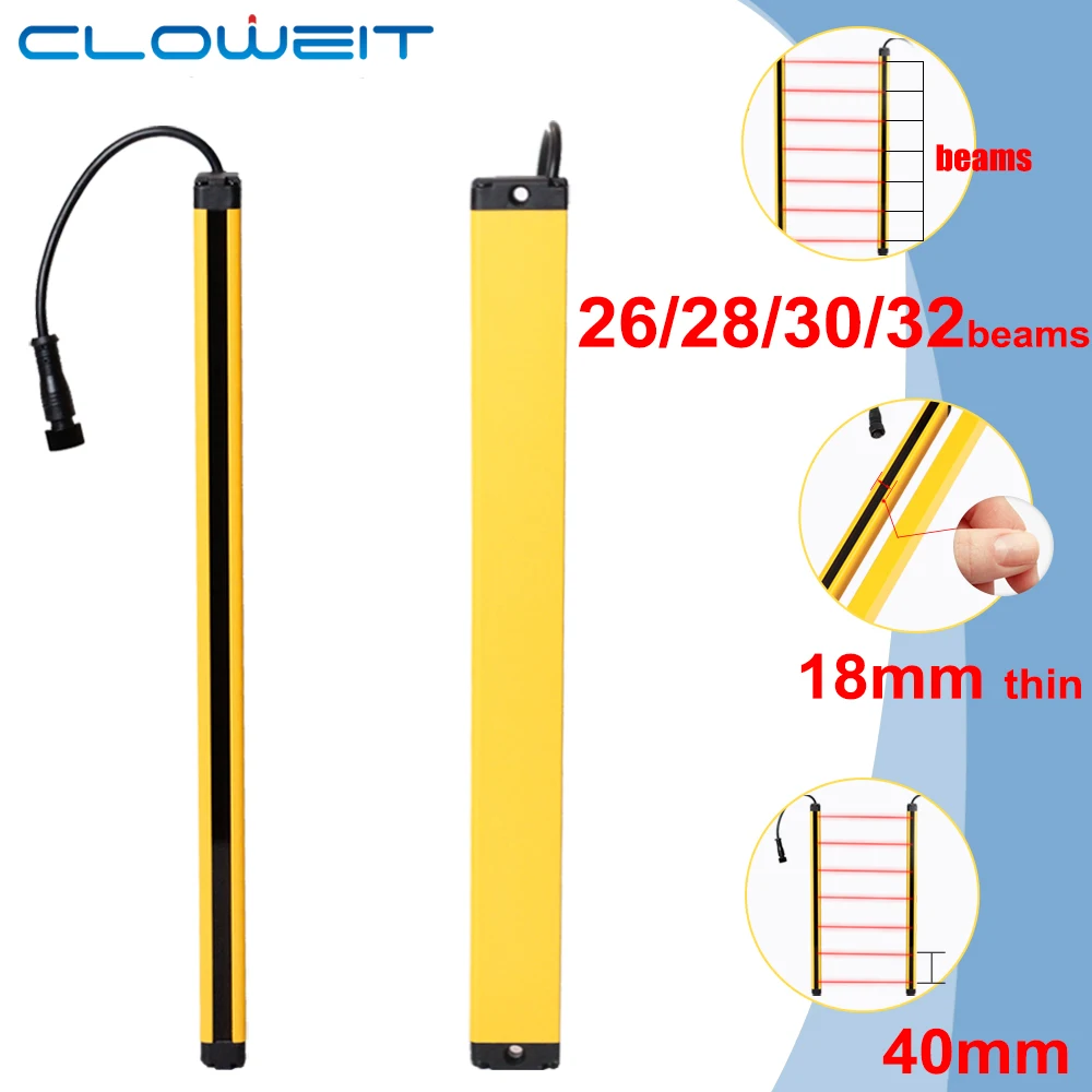 

Cloweit 18x35 Safety Light Curtains Super Thin APS18-26/28/30/3240 24V NPN PNP Grating Device Protection