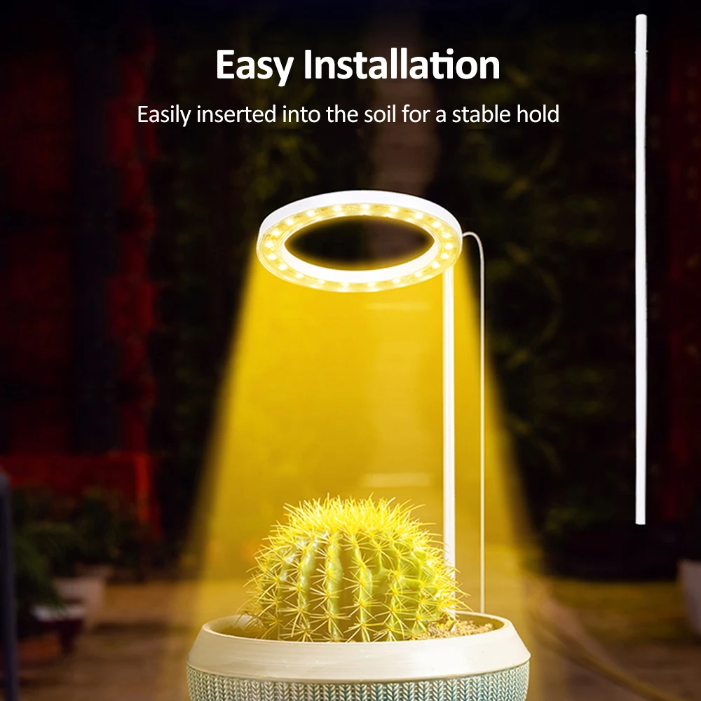 LED Grow Lights Full Spectrum Plant Lamp with 20 LEDs 8H/12H/16H Timer 5 Dimmable Levels Height Adjustable USB Angel Ring Lamp