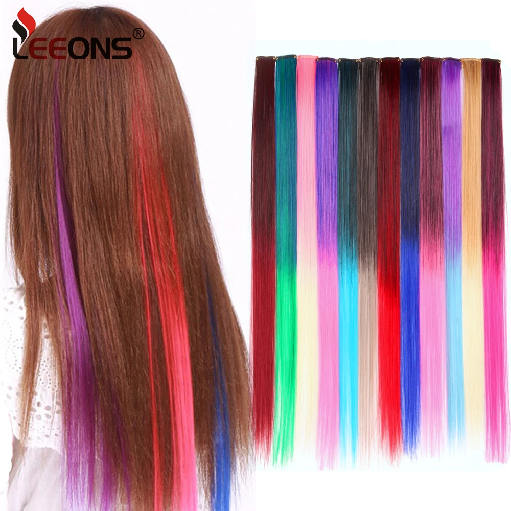 Leeons Rainbow Colorful Synthetic Clip on Hair Extension Highlights Clip In Hairpiece Straight