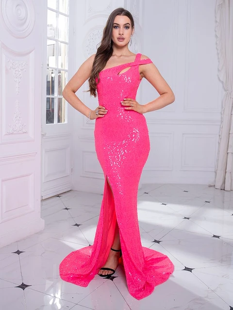 Hot Pink Sleeveless Cut Out Stretch Pink Sequin Prom Dress Full
