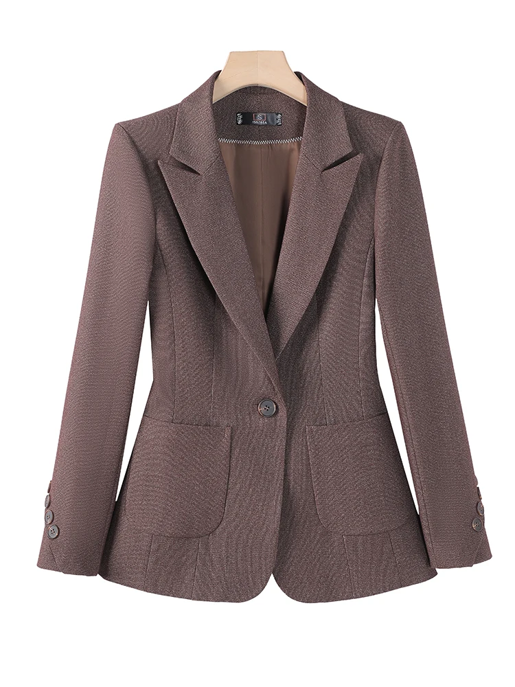 

High Quality Ladies Winter Blazer Jacket Women Black Brown Long Sleeve Single Button Female Casual Coat With Pocket
