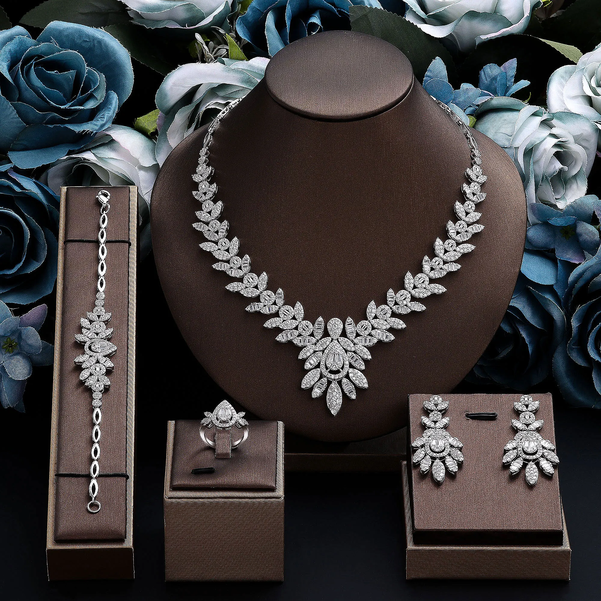 2024 Golden Leaves 4-piece Necklace Set for Women CZ Zirconia Dubai Nigeria Bridal Wedding Jewelry Set Gift Accessories 2