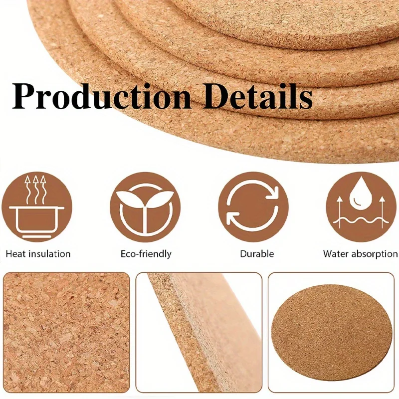 5pcs Insulated Non-slip Cork Table Cushion，Cork Coaster, Placemat, Cork Mat, Round Absorbent, Insulated, Non-slip Cork Table Mat