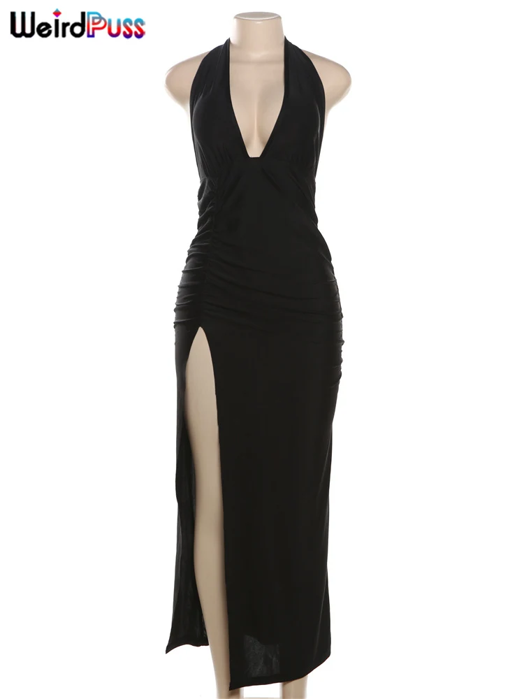 Weird Puss Halter Backless Dress Women Summer Trend Elegant Side Split Deep V-Neck Long Bodycon Midnight Party Ruched Vestidos 6