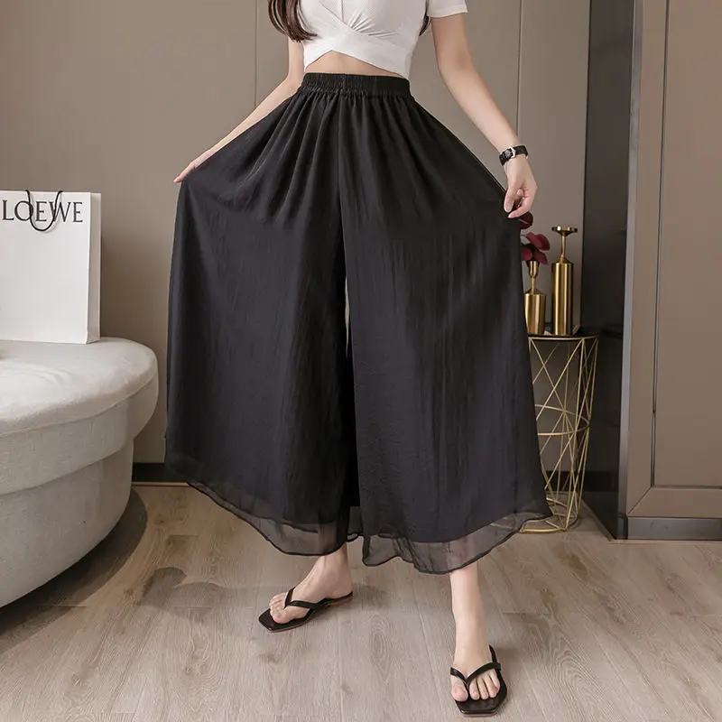 Casual Pants Women Elegant Elastic Waist Loose Chiffon Lightweight