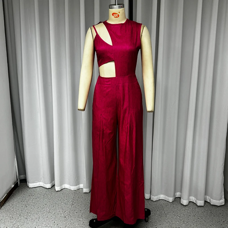LIYONG Women Jumpsuit Summer Chic One Shoulder Sling Sleeveless Hollow Bare Waist Solid Color Wide Legs Romper High Streetwear