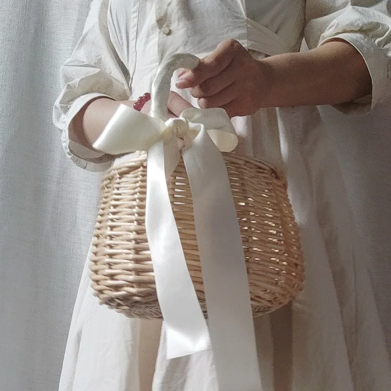 Wicker Flower Basket Rustic Style Woven Handbag Handmade Rattan Woven Trendy Concise Women Handbag Picnic Fabric Rattan Basket