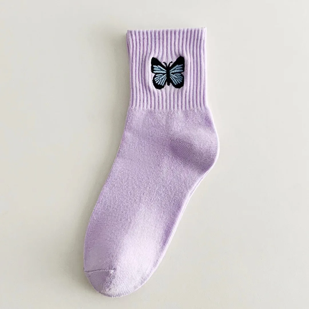 5Pairs/Lot High Quality Cotton Embroidery ButterflyCandy Color Soft Breathable,Absorb Sweat  Anti-bacterialWomen socks