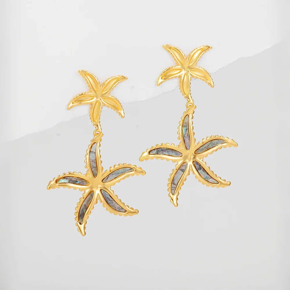 Double Starfish Dangle Earrings Abalone 18K Gold Plated Ocean-Inspired Beach Wedding Earring Femal Trend Jewelry Gift for Her