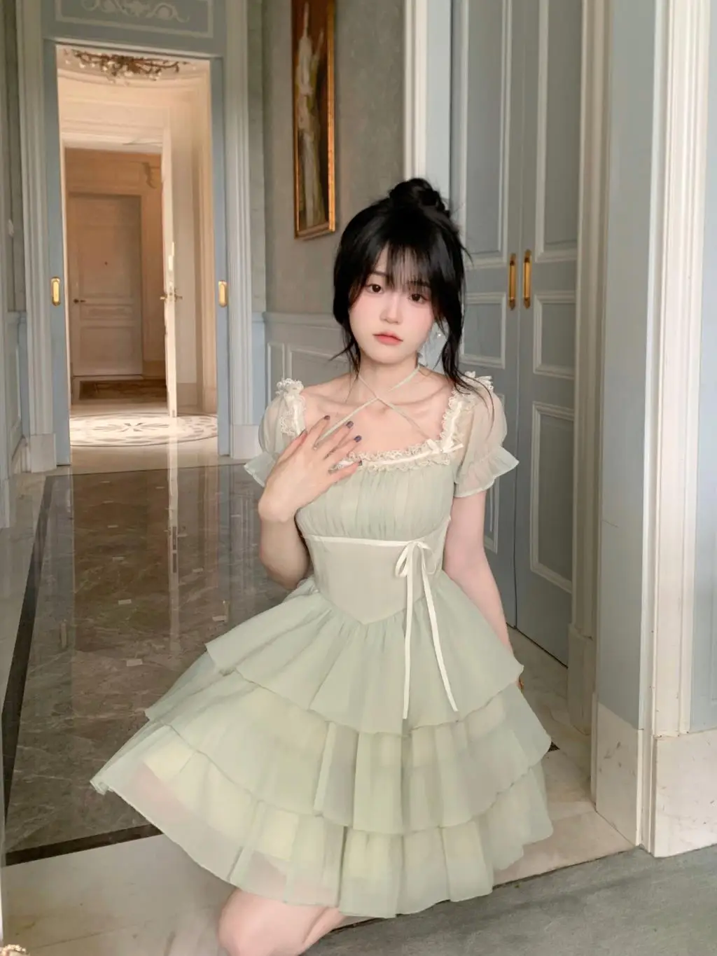 Y2K Princess Birthday Party Dress Lace Patchwork Short Dresses for Women Puff Sleeves Ruffles A-line Cake Vestido Mujer New