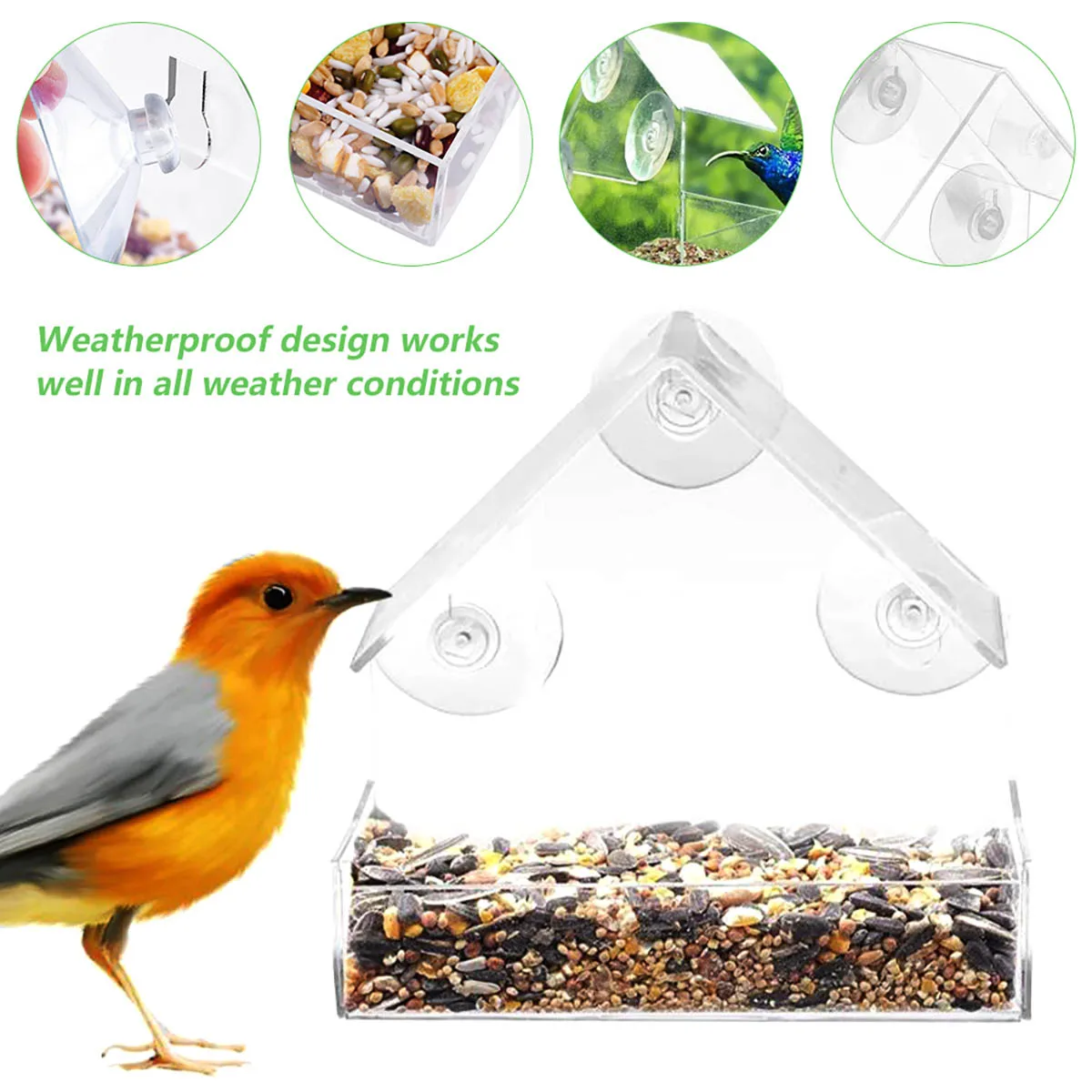 Window Wild Bird Feeder House Transparent Wild Table Removable Suction Cups Sliding Feed Tray for Garden Patio Yard