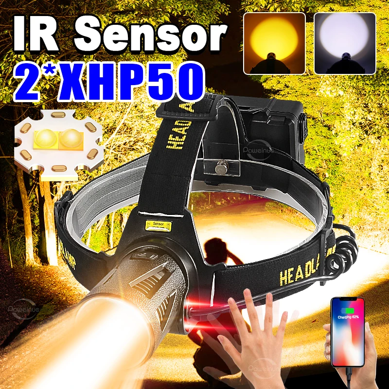 

2022 Super bright XHP50 Led Powerful Headlamp USB Rechargeable Head Flashlight Double Wick Headlight 18650 Fishing head Lantern