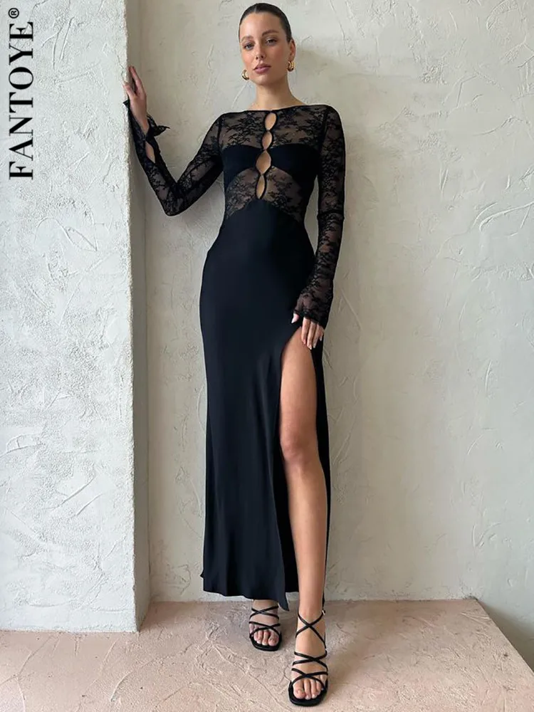 

Fantoye Patchwork Sexy See Through Lace Women Maxi Dress Hollow Out High Slit Evening Dress Female Skinny Elegant Party Clubwear