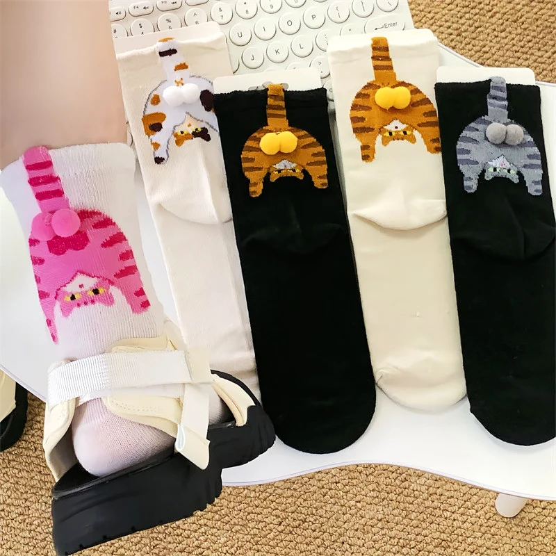 Japanese Style Cartoon Cute 3d Cat Balls Socks For Women Medium Tube Knitting Socks Lolita Girls Cat Butt Print Sock