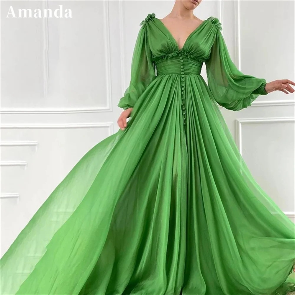 Amanda 2024 Grass Green Vestido De Novia Puffy Sleeve V-neck Evening Dress Sexy Side Split Chiffon A-line Prom Dress 2024