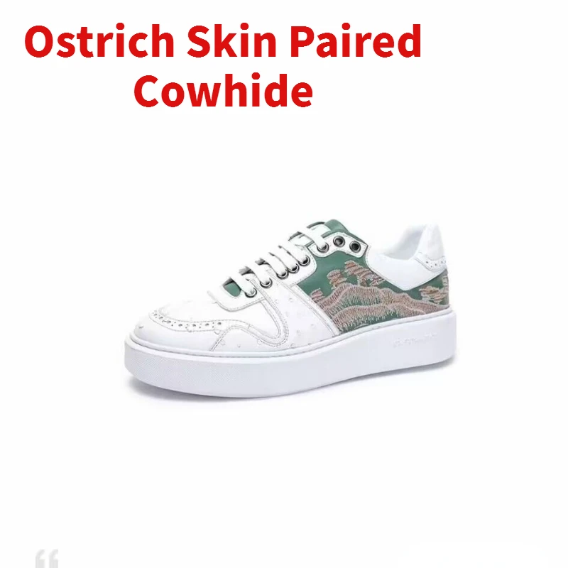 

Ostrich Skin Paired Cowhide Landscape Painting Design Skate Shoes Men Korean Fashion Shoes Sports Casual Breathable Sneakers Man
