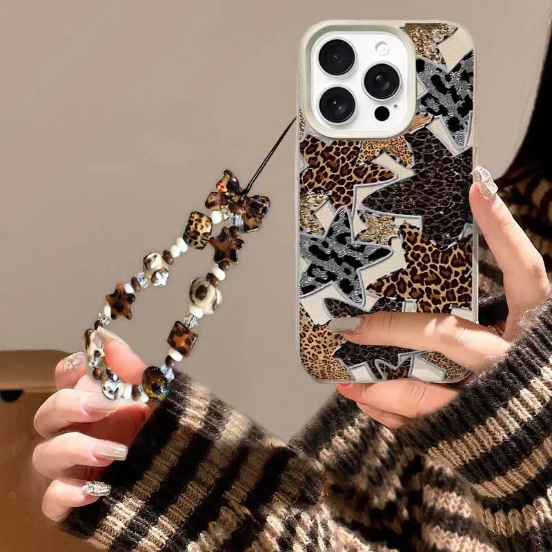 Leopard Print Star Hand Rope Phone Case
