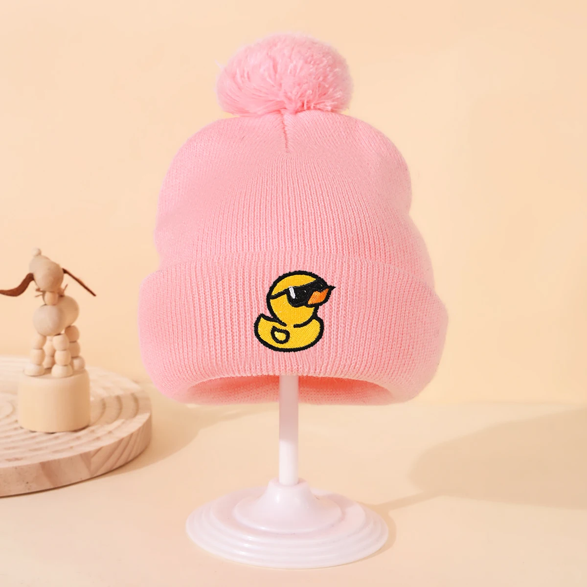 1pc Kids' Beanie Hats with Pom-Pom and Embroidered Cute Duck-Stretch Fit Knit Caps for Boys, Suitable for Outdoor