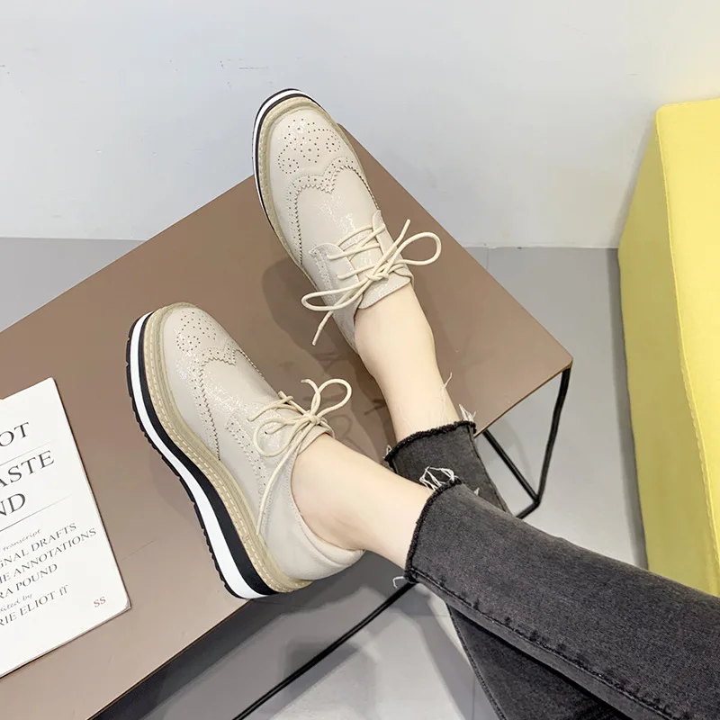 Women's Shoes Platform Oxfords Casual Female Sneakers Increas Height Flats British Style Clogs Leather Dress Preppy New Cross Cr 3