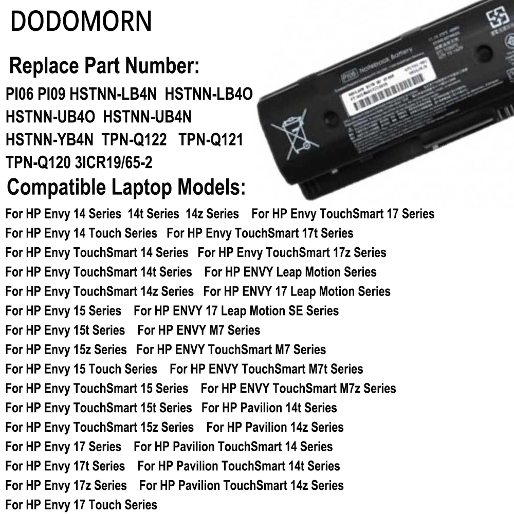 Dodomorn Nova Bateria Pi06 para hp Pavilion 14 15 Envy 17 17t 17z Hstnn-db4n Hstnn-db4o Hstnn-lb4o 710417001 710416-001pi09 - Imagem 6