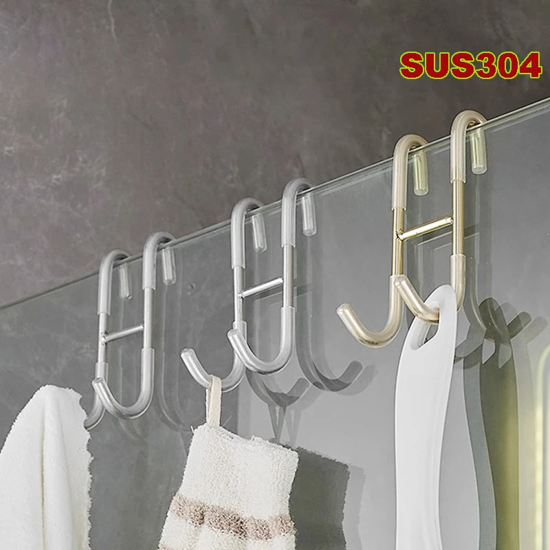 304 Stainless Steel Hook Free Punching Bathroom Shower Door Hook Over Glass Door Kitchen Cabinet Back Type Storage Hanger storage hook door hook