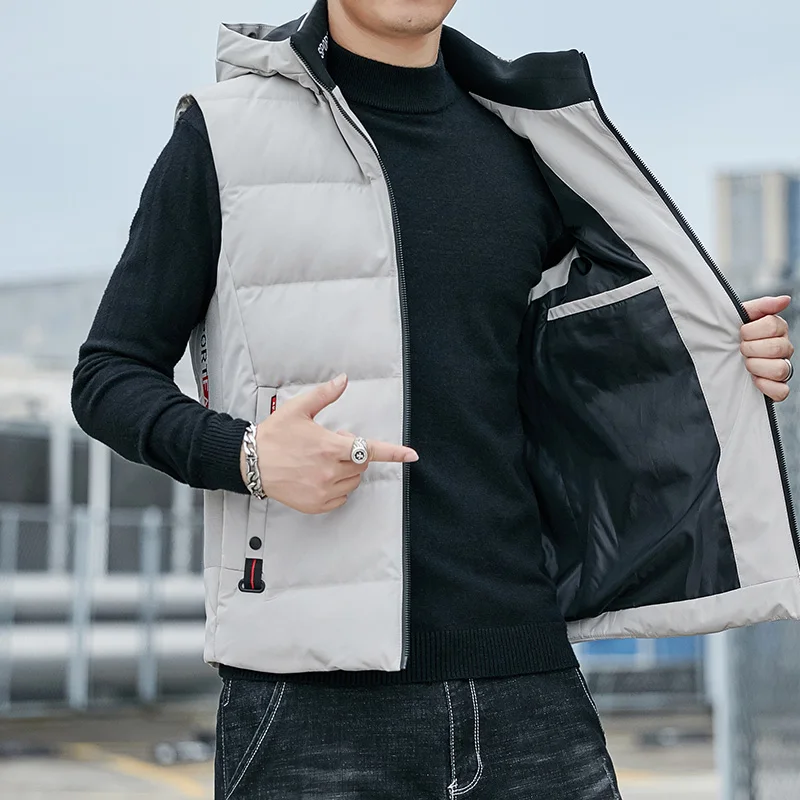 Warm Duck Down Vest Hooded Detachable Men Stand Collar Windproof Jacket Fashion Simple New Causal Thermal Sleeveless Zipper Coat