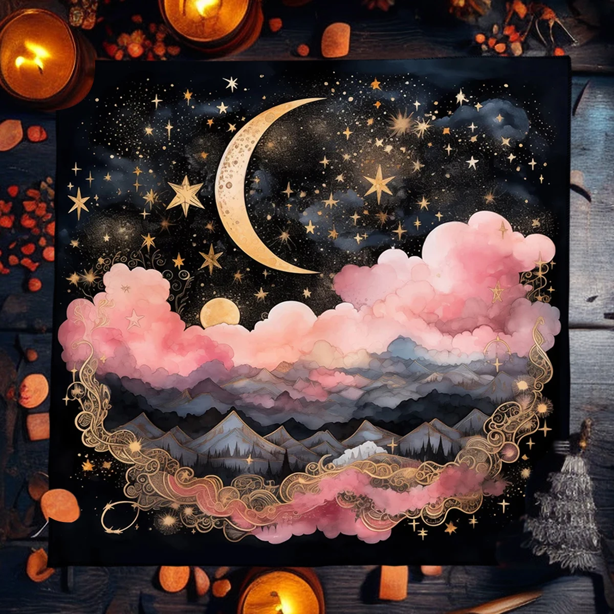 Sun Moon Starry Sky Tarot Tablecloth Altar Cloth Pink Cloud Divination Cloth Witchcraft Astrology Oracle Card Pad Home Decor 5
