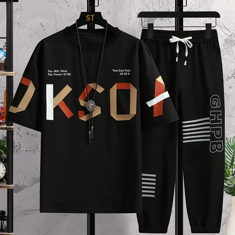 

New 2024 Summer Two Piece Men's Sets Short Sleeve T-Shirt And Full Length Pant Casual Loose Tracksuits Youth Top Tees&Jogger Set