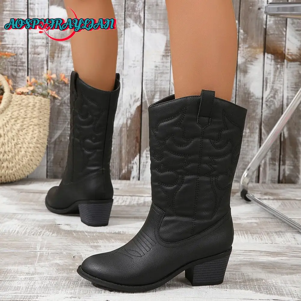 Brand New Ladies Black Mid-Calf Boots Fashion Embroider Chunky Heels women's Western Cowboy Boots Casual Party Woman Shoes