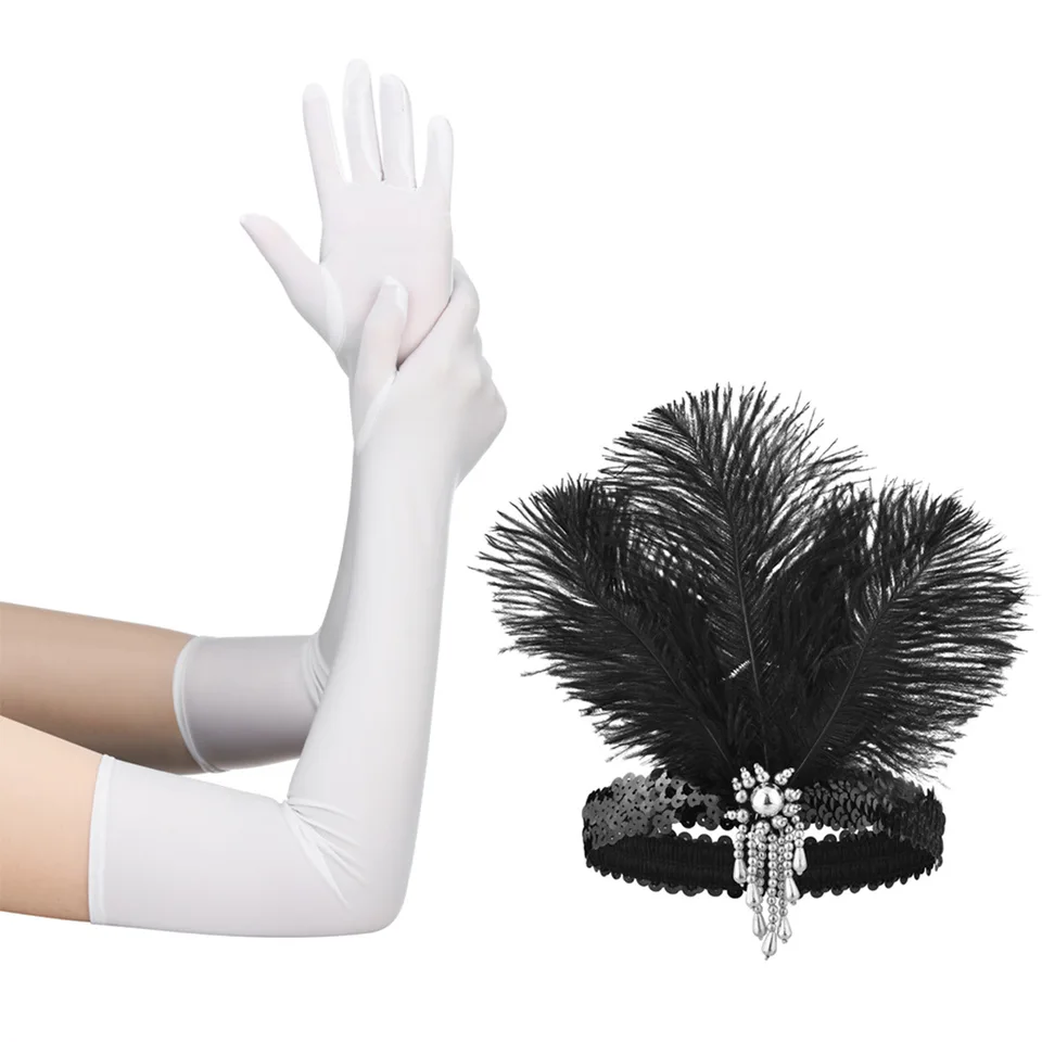 Set Accessori Anni 20 Donna - 6 Pezzi Charleston Con Piuma, Perle E Guanti, Tema Gatsby - Foto 6