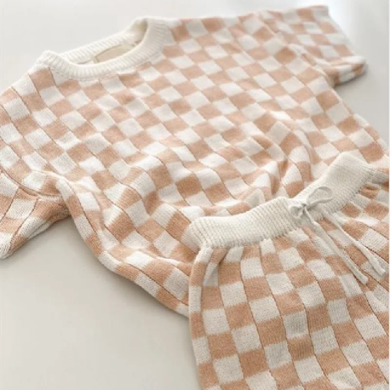 Checked in T shirts and Short Pants Resort Knitwear Kid Summer Kniting Sets Unisex Children Casual Beach Outifits