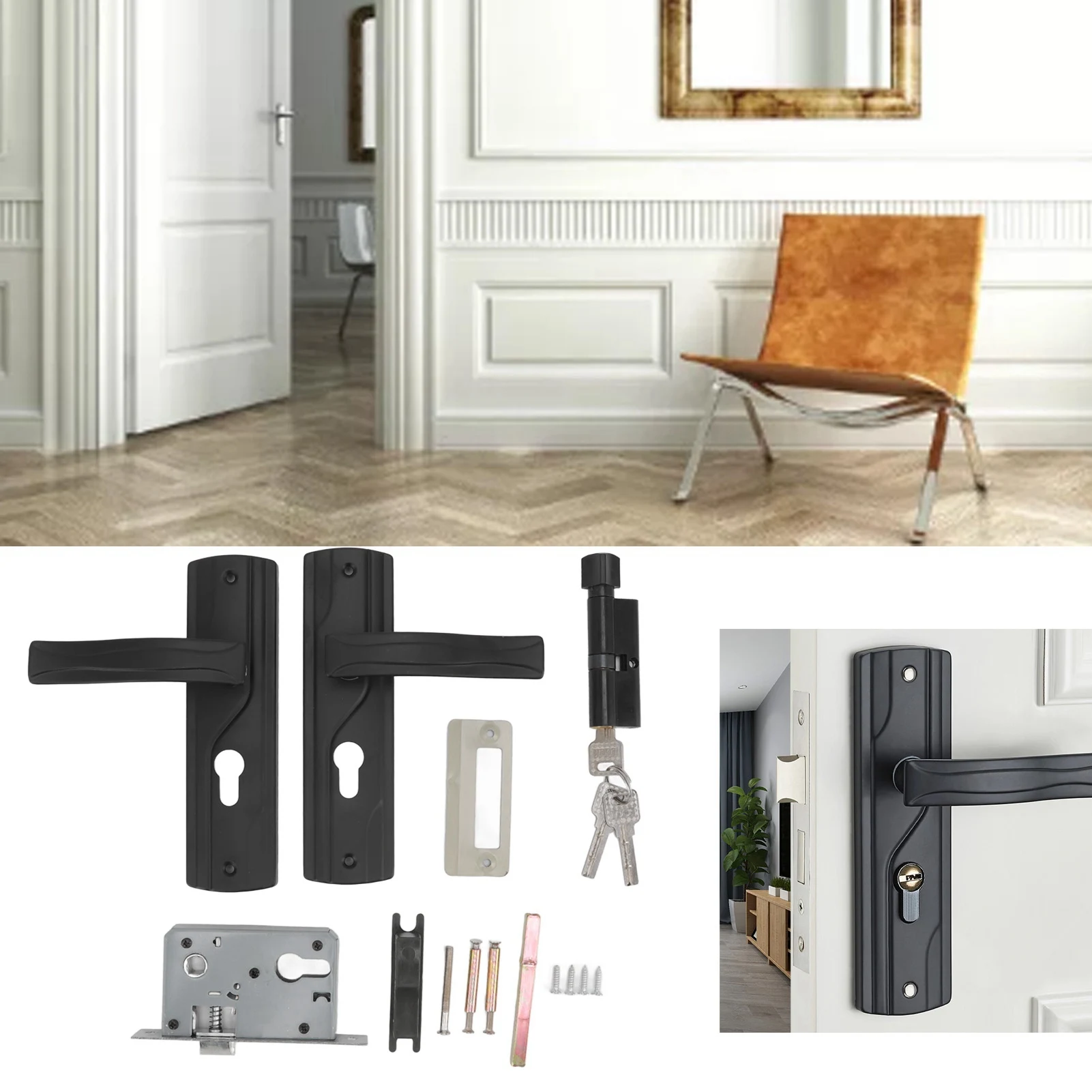 Door Handle Lock Keys Set Smoothly Rotating Manganese Steel Bedroom Door Lock Set Black Thickened Handle for Livingroom