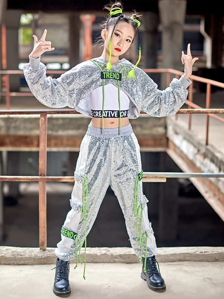 Костюмы NewJ azz с серебряными блестками для девочек, одежда для современных танцев в стиле хип-хоп, танцевальные аксессуары